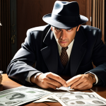 **A determined detective intensely searching through financial records, highlighting hidden bank accounts and assets, symbolizing the quest to uncover a debtor's concealed wealth.**