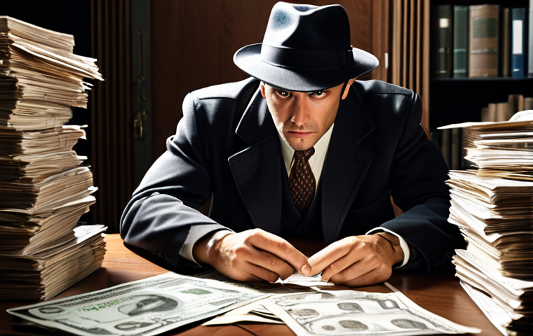 **A determined detective intensely searching through financial records, highlighting hidden bank accounts and assets, symbolizing the quest to uncover a debtor's concealed wealth.**