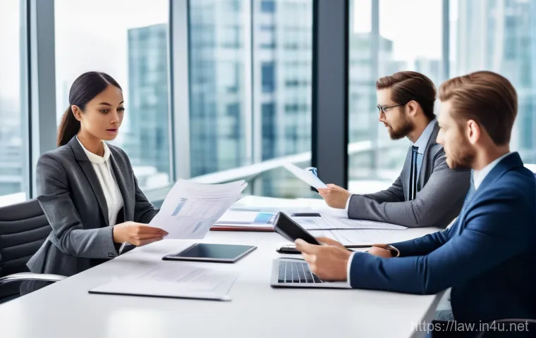 상법상 어음과 수표 법리 - A group of diverse business professionals, male and female, in a modern, well-lit office boardroom. ...