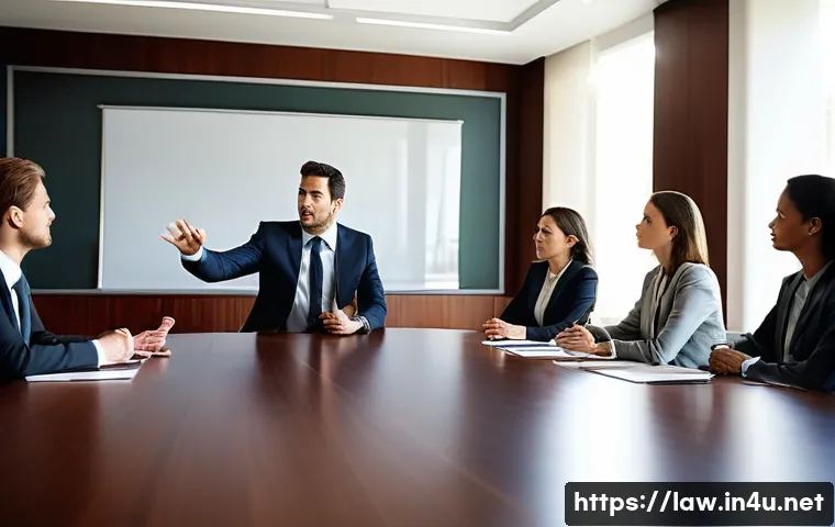 상법상 이사회 역할 - **Prompt:** A modern, brightly lit corporate boardroom. Around a large mahogany table sit diverse bo...