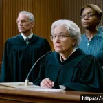 Home 14 민사소송법상 대법원 판례 - A dignified courtroom scene, bathed in soft, hopeful light filtering through tall windows, with a di...